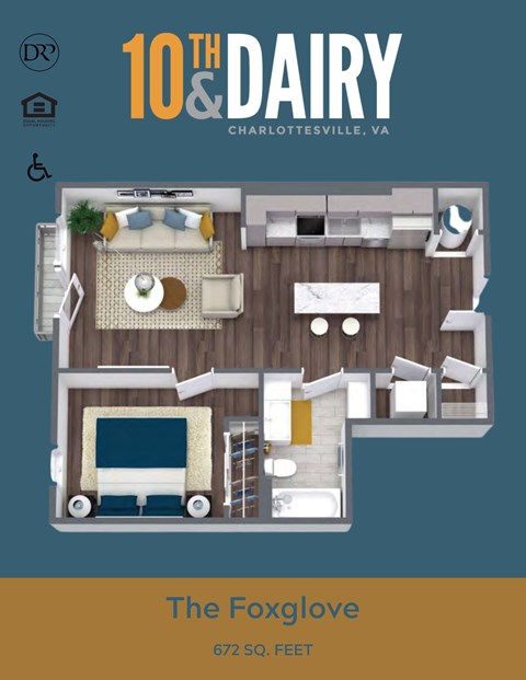 Floor plan for 1 bed, 1 bath, 672 sqft